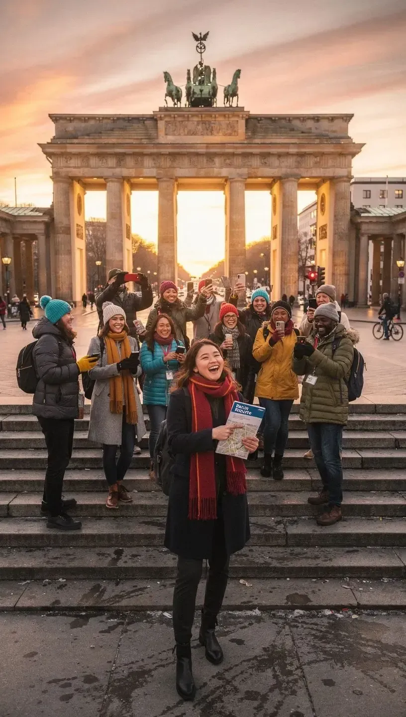 Blick auf ein berühmtes deutsches Wahrzeichen, eingebettet in eine lebendige Altstadt mit Cafés und Geschäften