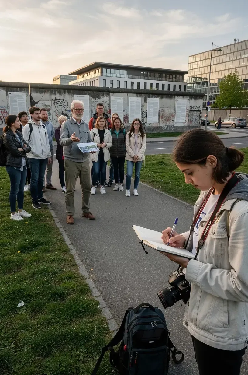 Gruppe von Reisenden mit Stadtplänen und Kopfhörern bei einer geführten Tour durch historische Viertel