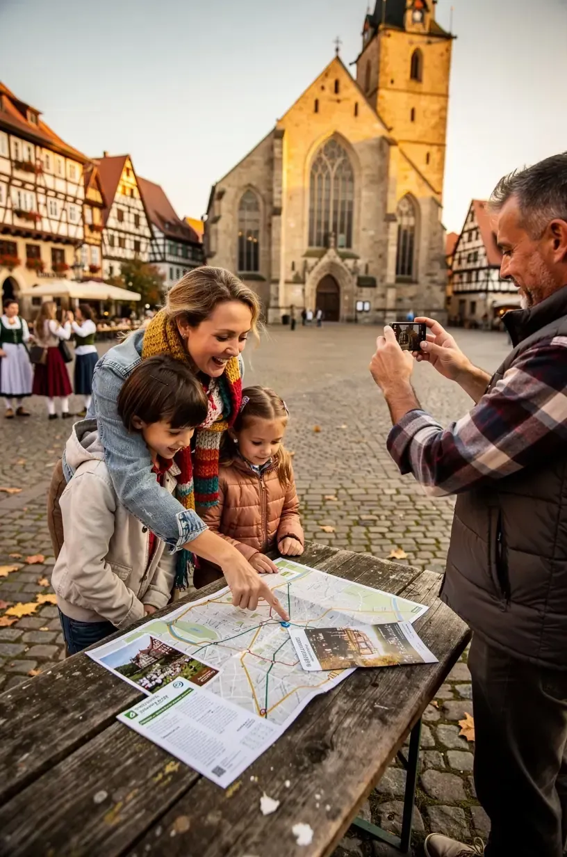 Geführte Stadttour mit Reiseführer, der eine Gruppe durch eine historische Innenstadt leitet